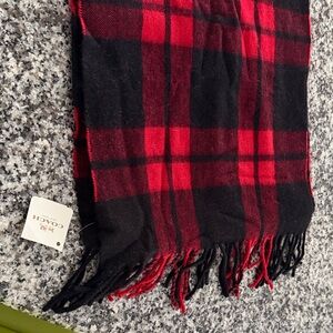 Coach Black and Red Plaid Fringe Scarf